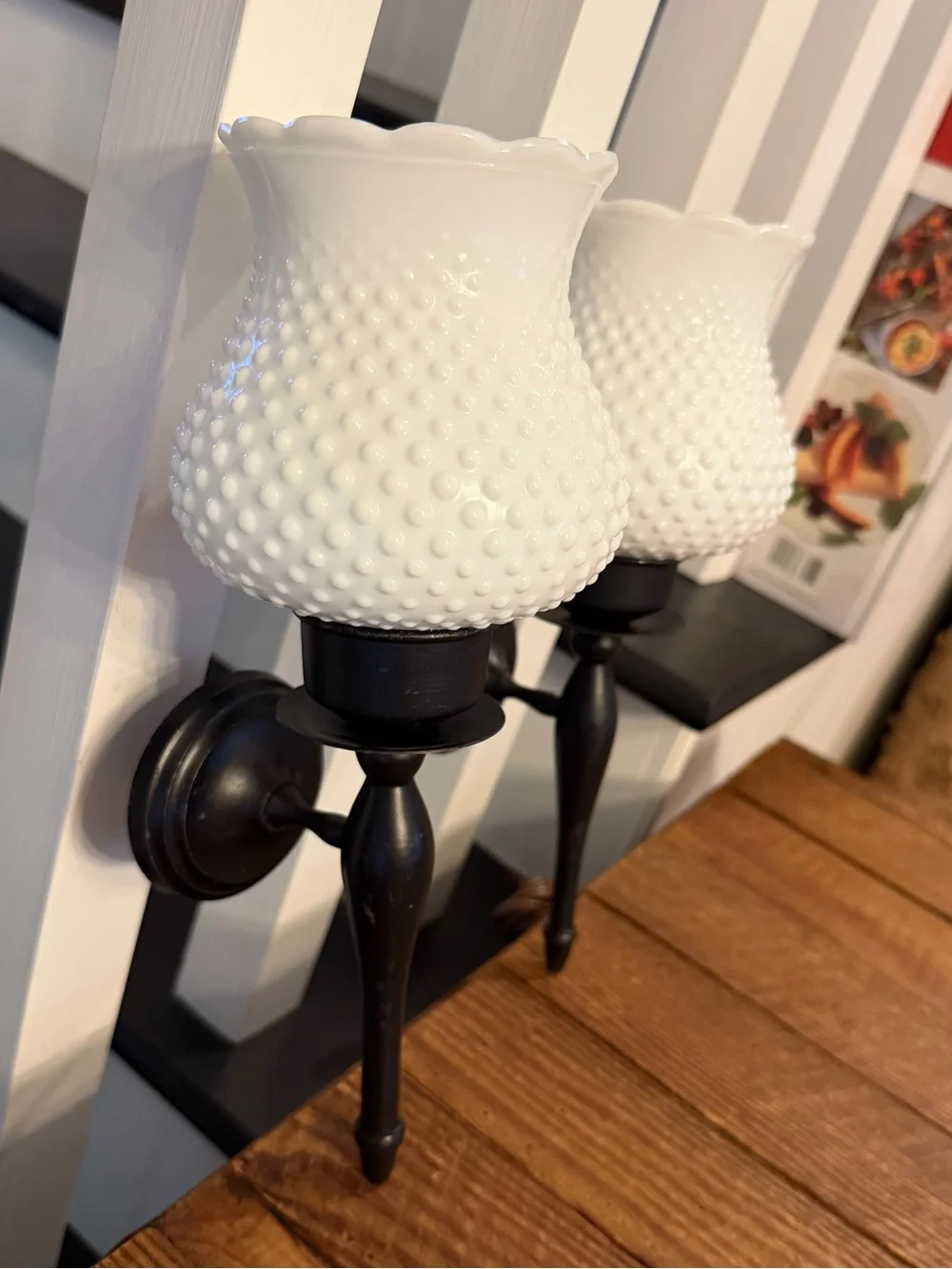 Vintage White Hobnail Glass Candle Wall Sconce with Black Metal Mounts